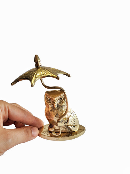 Solid Brass Owl Figurine with Umbrella – Handcrafted Decorative Piece for Desk, Shelf, or Office