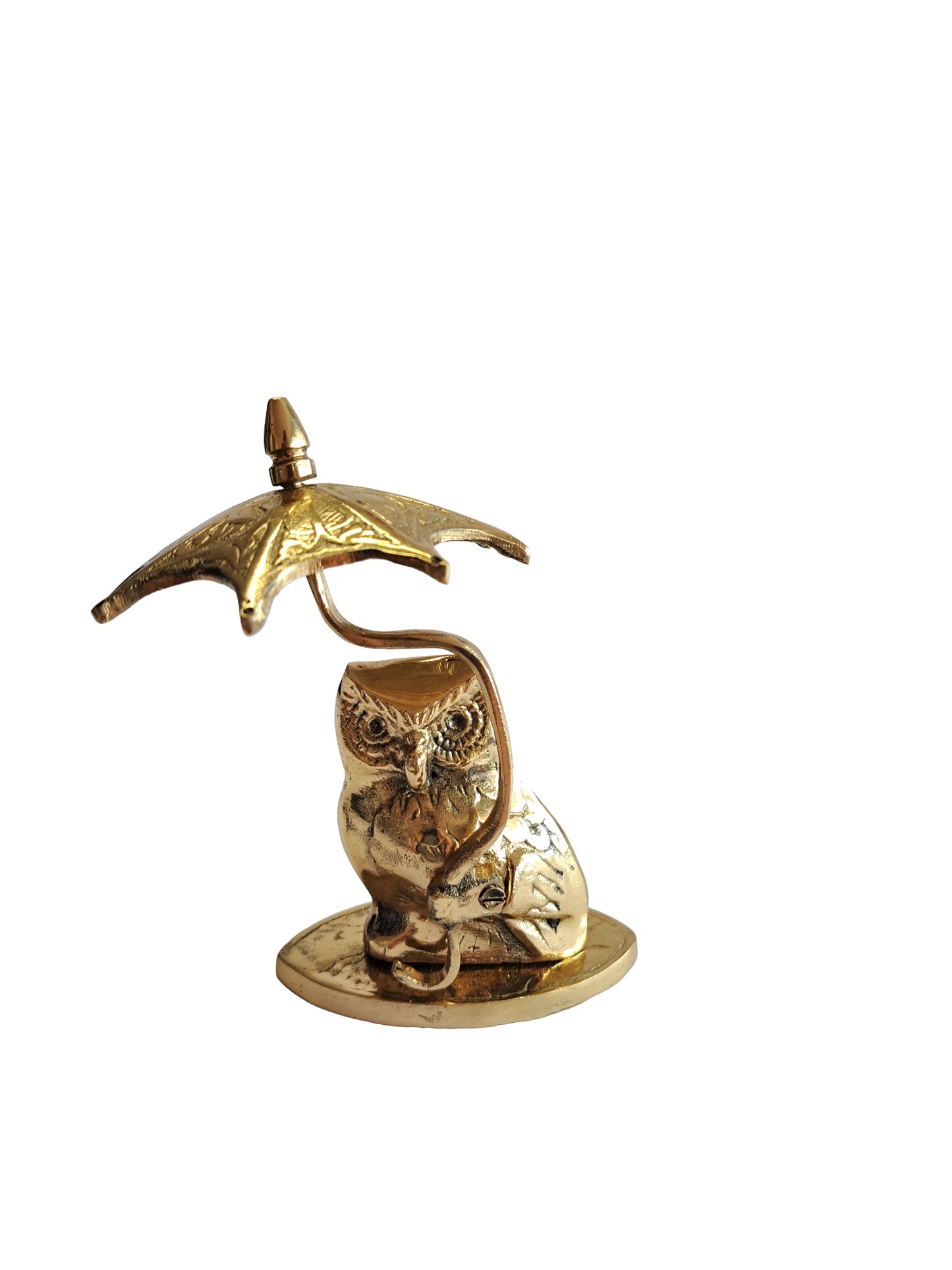 Solid Brass Owl Figurine with Umbrella – Handcrafted Decorative Piece for Desk, Shelf, or Office