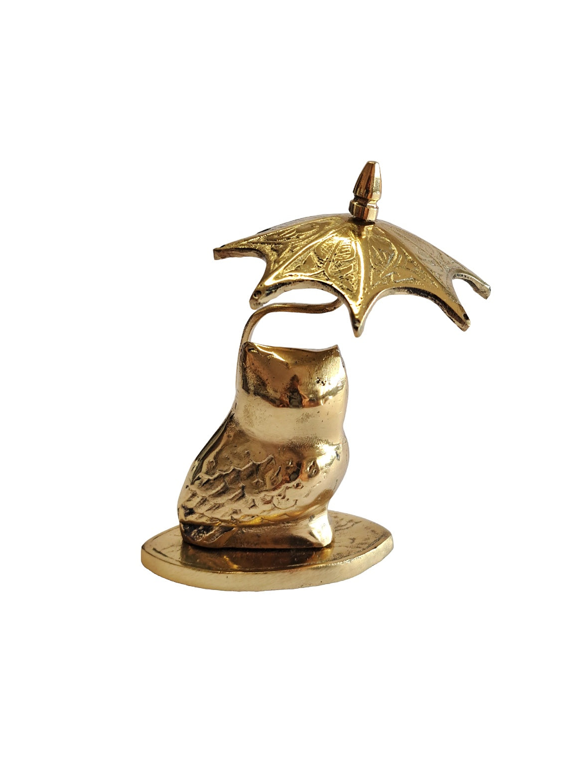 Solid Brass Owl Figurine with Umbrella – Handcrafted Decorative Piece for Desk, Shelf, or Office