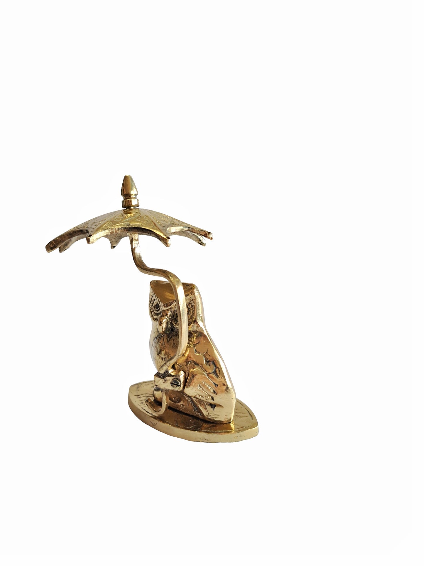 Solid Brass Owl Figurine with Umbrella – Handcrafted Decorative Piece for Desk, Shelf, or Office