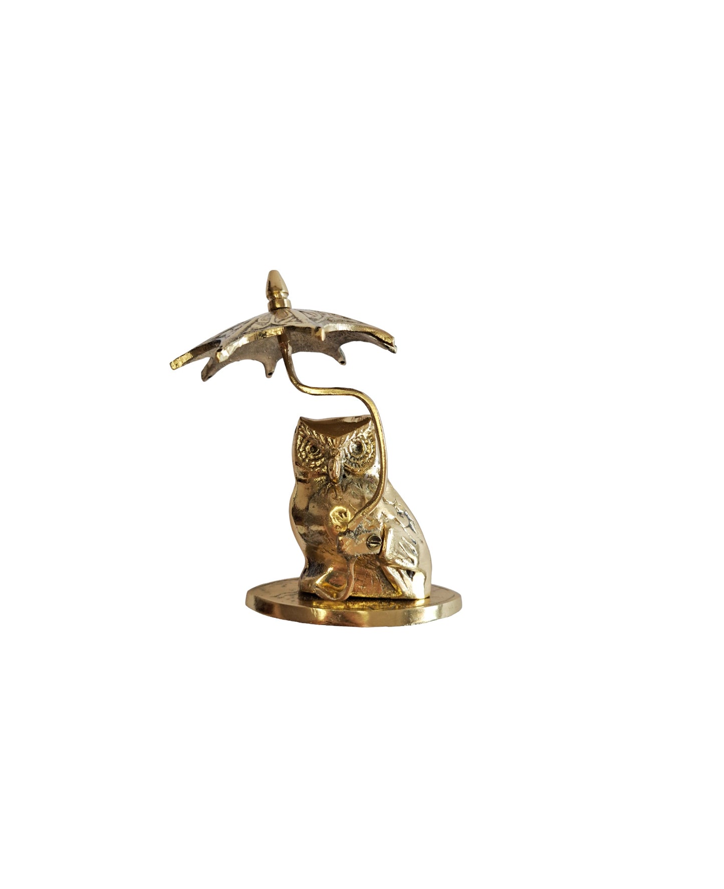 Solid Brass Owl Figurine with Umbrella – Handcrafted Decorative Piece for Desk, Shelf, or Office