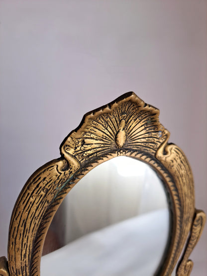 Elegant Gold Brass Vanity Mirror – 25cm, Handcrafted with Peacock and Floral Design