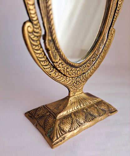 Elegant Gold Brass Vanity Mirror – 25cm, Handcrafted with Peacock and Floral Design