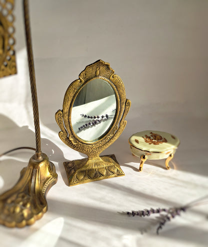 Elegant Gold Brass Vanity Mirror – 25cm, Handcrafted with Peacock and Floral Design