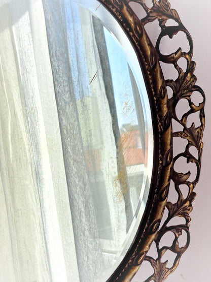 Vintage Brass Mirror – 47cm x 37cm, Ornate Floral Frame, Versatile Display