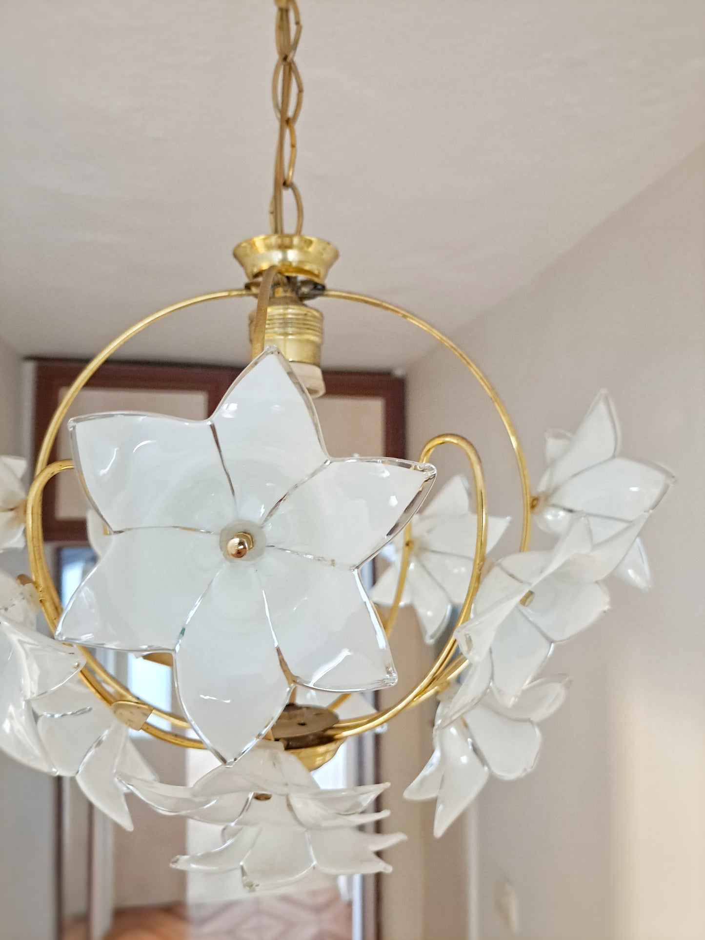 Antique White Floral Murano Glass & Brass Chandelier – Handmade Italian Pendant Light for Elegant Interiors