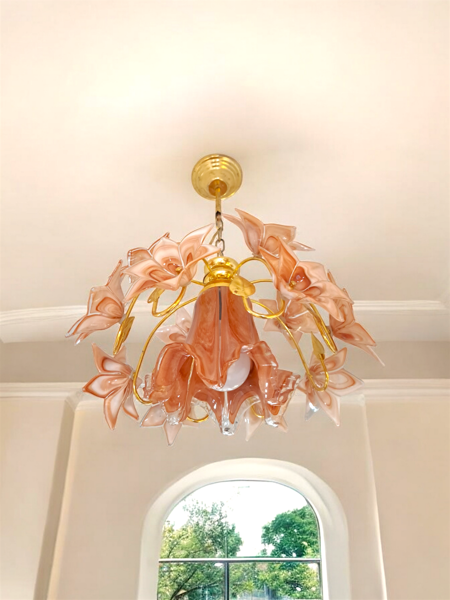 70s Flowers Murano Chandelier, Brass & Caramel Glass Pendant Light