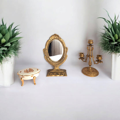 Elegant Gold Brass Vanity Mirror – 25cm, Handcrafted with Peacock and Floral Design