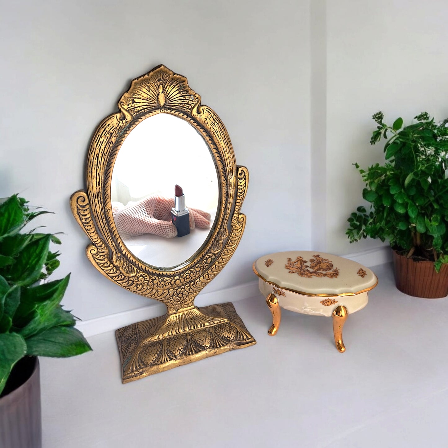 Elegant Gold Brass Vanity Mirror – 25cm, Handcrafted with Peacock and Floral Design