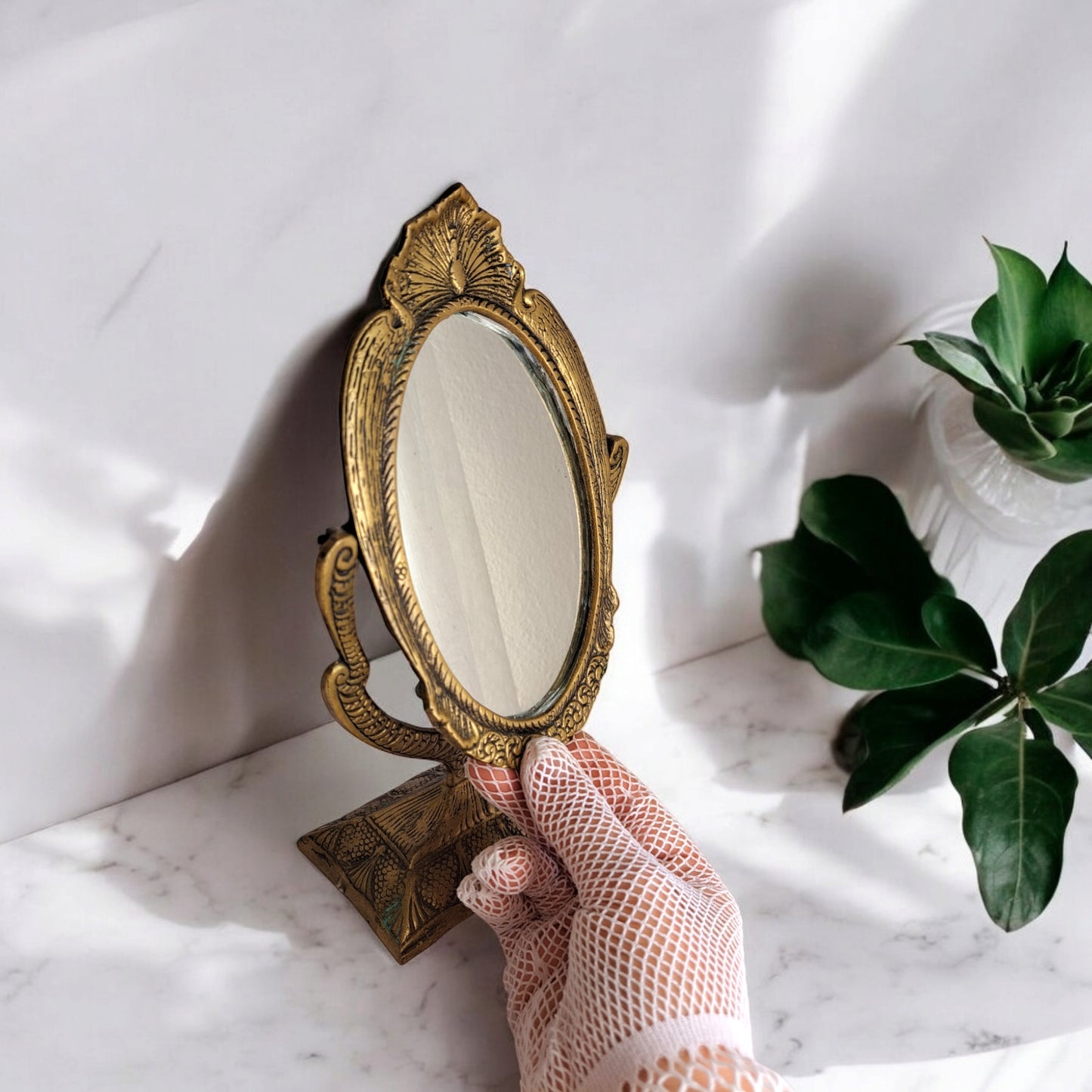 Elegant Gold Brass Vanity Mirror – 25cm, Handcrafted with Peacock and Floral Design