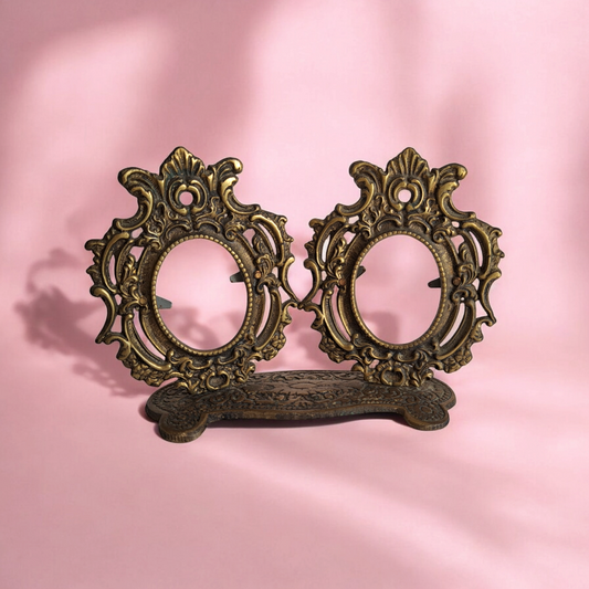 Antique Brass Double Photo Frame – Vintage Gold Floral Décor