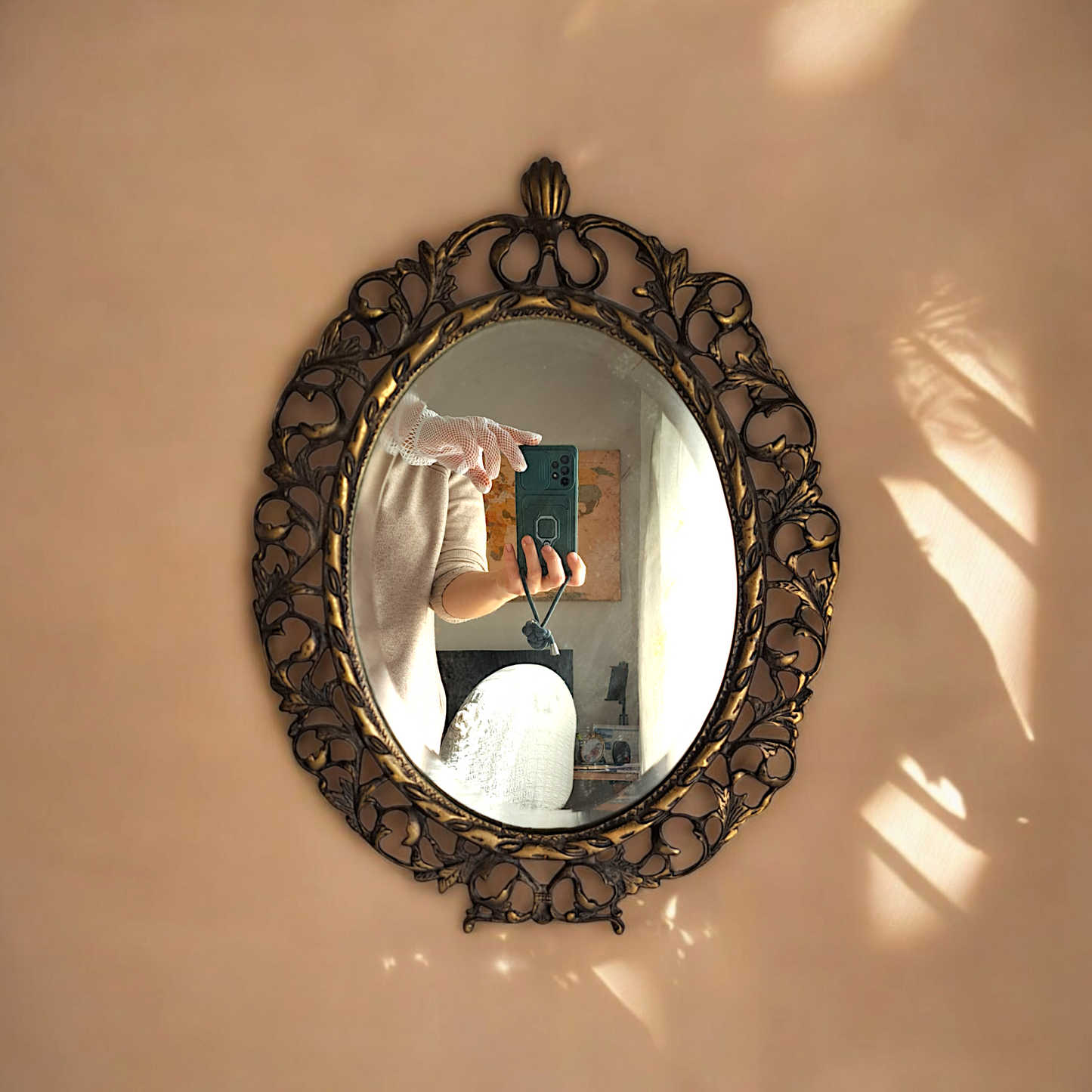 Vintage Brass Mirror – 47cm x 37cm, Ornate Floral Frame, Versatile Display