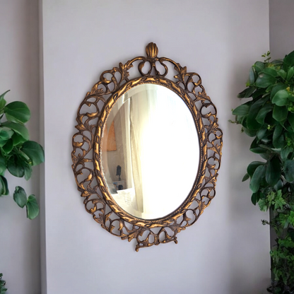 Vintage Brass Mirror – 47cm x 37cm, Ornate Floral Frame, Versatile Display