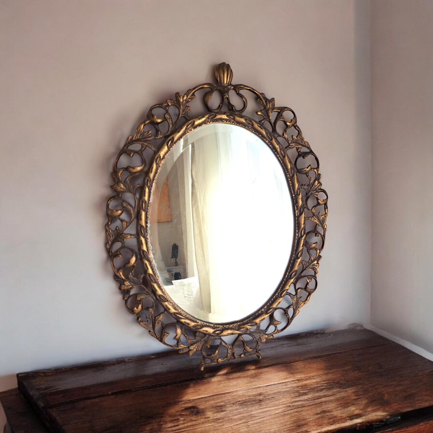 Vintage Brass Mirror – 47cm x 37cm, Ornate Floral Frame, Versatile Display