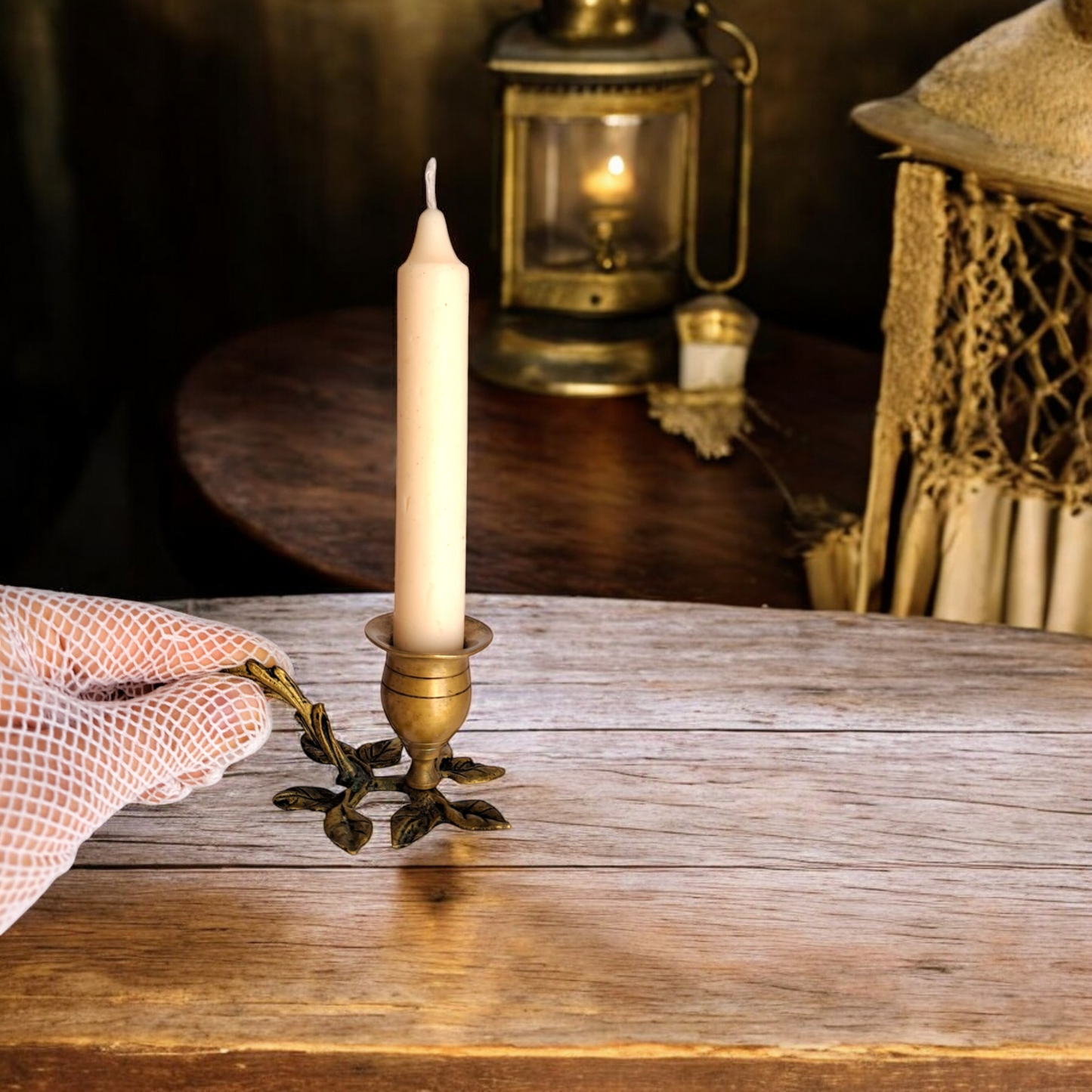 Antique Brass Candle Holder – Vintage Gold Taper Stand with Elegant Leaf Design