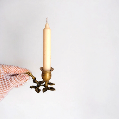 Antique Brass Candle Holder – Vintage Gold Taper Stand with Elegant Leaf Design