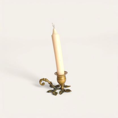 Antique Brass Candle Holder – Vintage Gold Taper Stand with Elegant Leaf Design