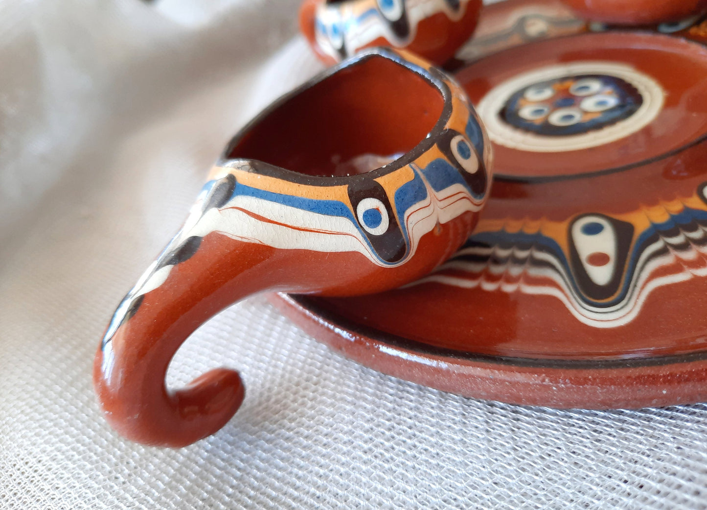 Handmade Terracotta Gravy Boat Set – 4 Pots & 1 Plate, Traditional Turkish "Nazar Beads" Design