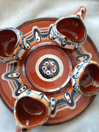 Handmade Terracotta Gravy Boat Set – 4 Pots & 1 Plate, Traditional Turkish "Nazar Beads" Design