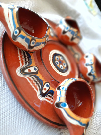 Handmade Terracotta Gravy Boat Set – 4 Pots & 1 Plate, Traditional Turkish "Nazar Beads" Design