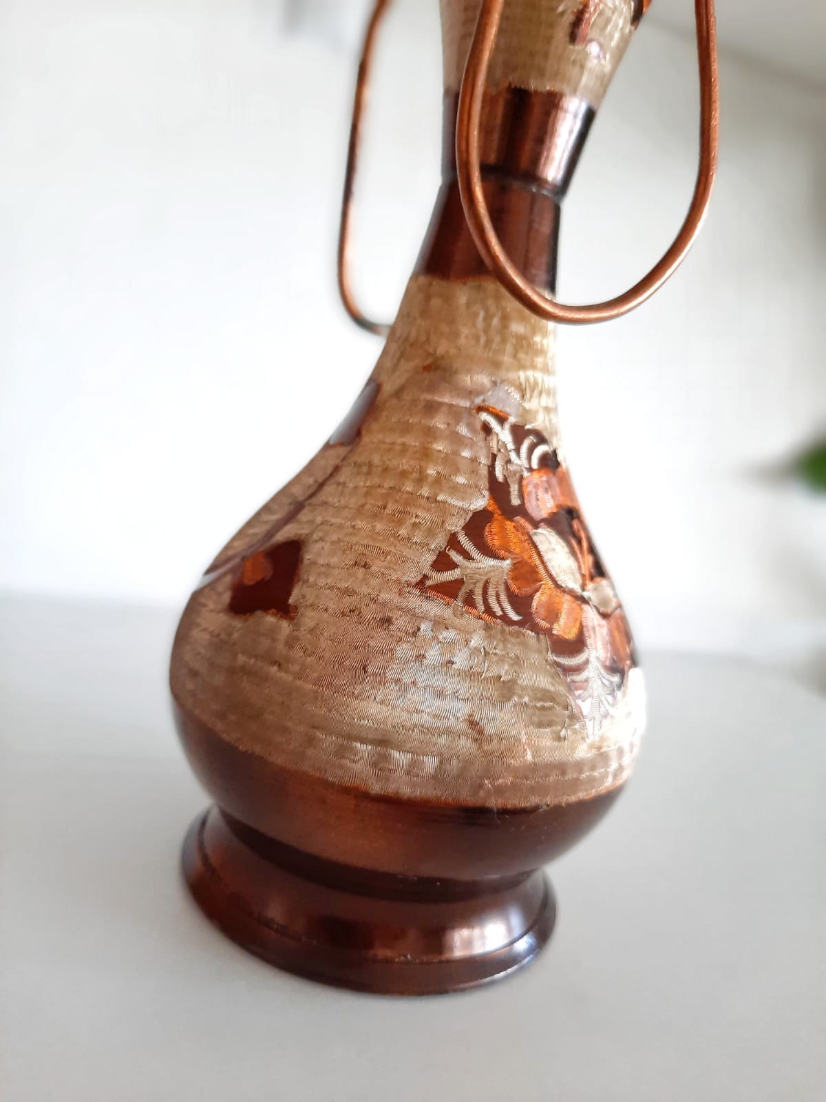 Handcrafted Copper Vase with Two Handles, 15cm, Floral Design