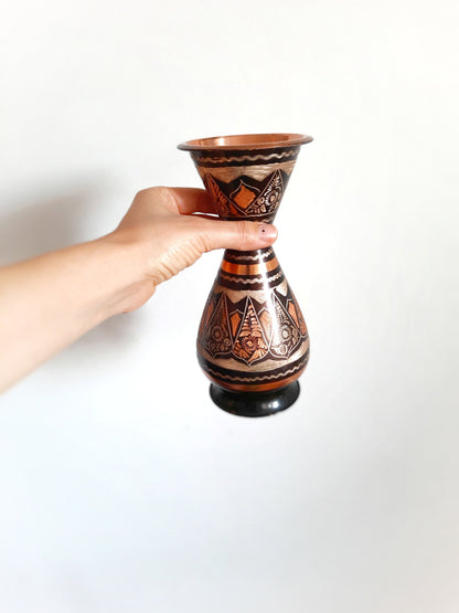 Vintage Copper Floral Pattern Vase, Dark Brown and Copper, 24cm