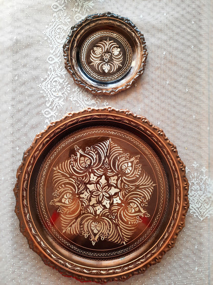 Handcrafted Vintage Copper Platter - 37cm Embossed Floral Design