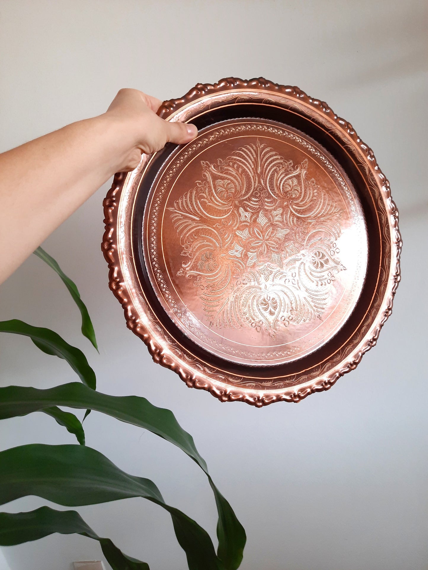 Handcrafted Vintage Copper Platter - 37cm Embossed Floral Design