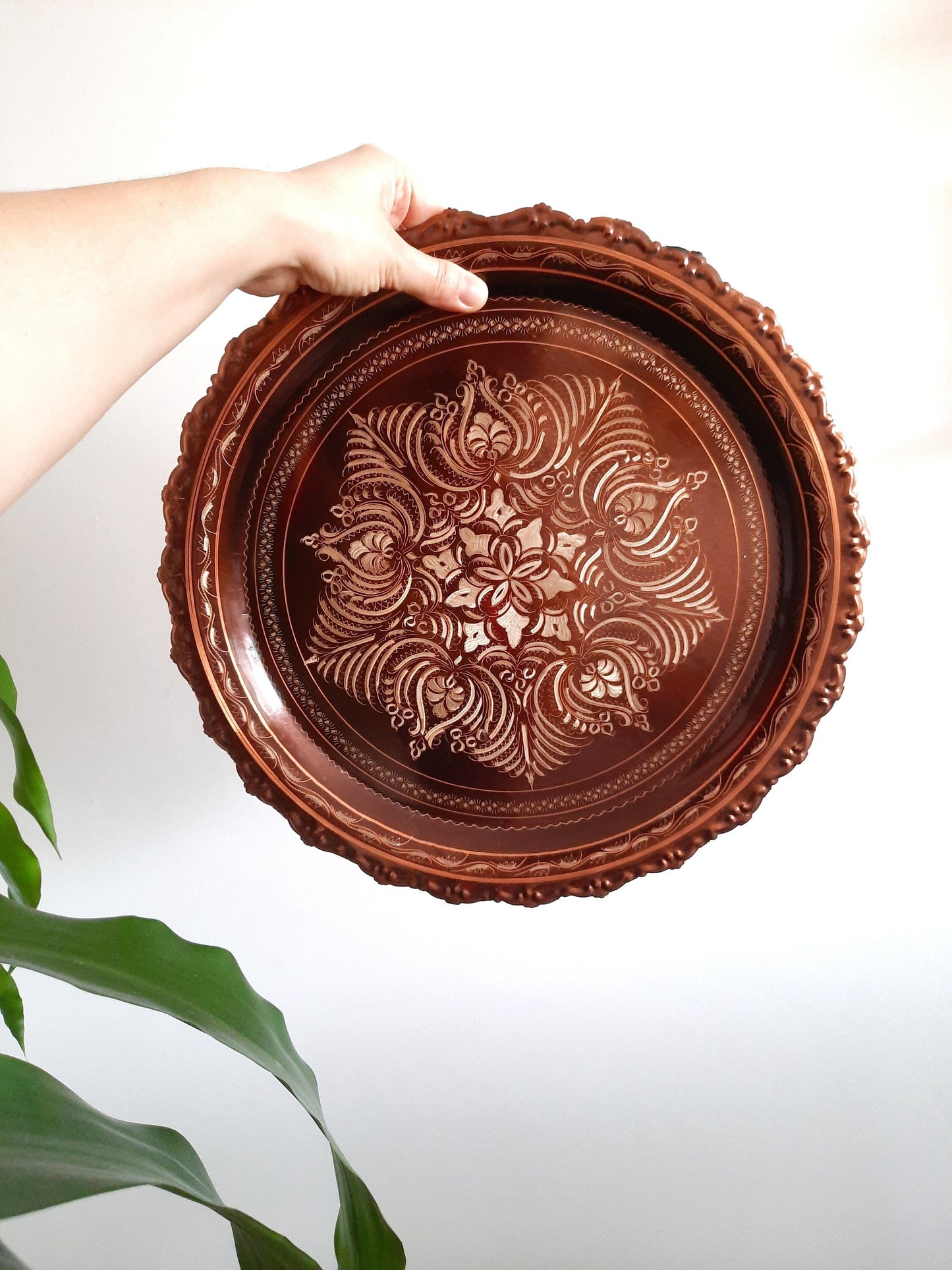 Handcrafted Vintage Copper Platter - 37cm Embossed Floral Design