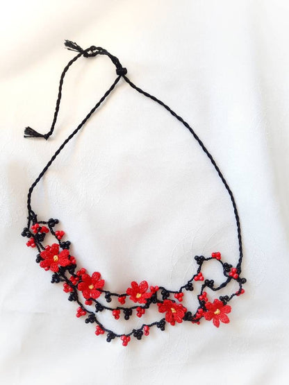 Lariat Necklace for Women, Needle Lace Necklace, Silk Thread Oya Necklace, Handmade Floral Necklace