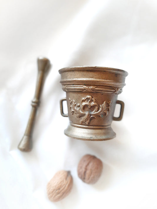 Antique Heavy Brass Mortar and Pestle, Rustic Kitchen Decor