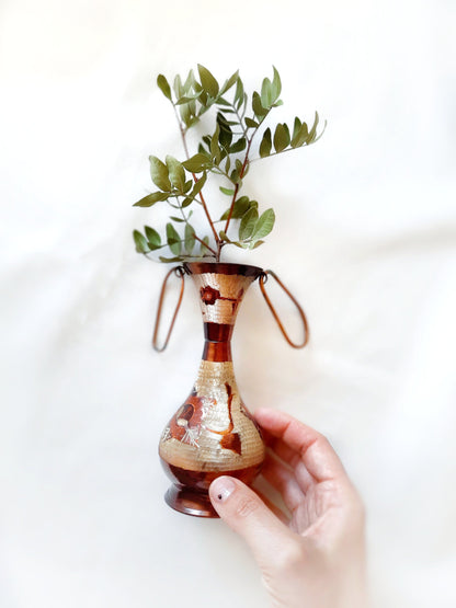 Handcrafted Copper Vase with Two Handles, 15cm, Floral Design