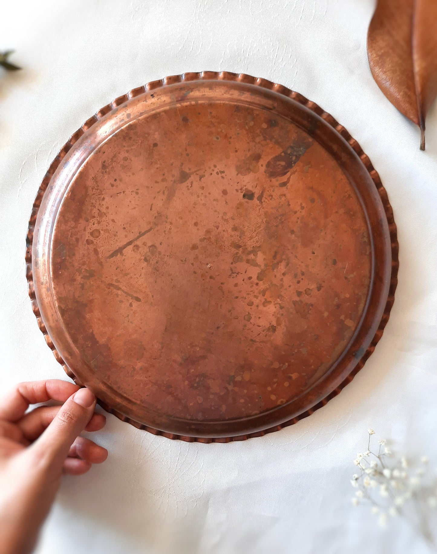 Vintage Turkish Copper Tray - Hand Engraved Floral Motifs, Decorative Serving Plate