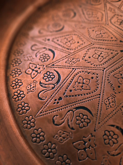 Vintage Turkish Copper Tray - Hand Engraved Floral Motifs, Decorative Serving Plate