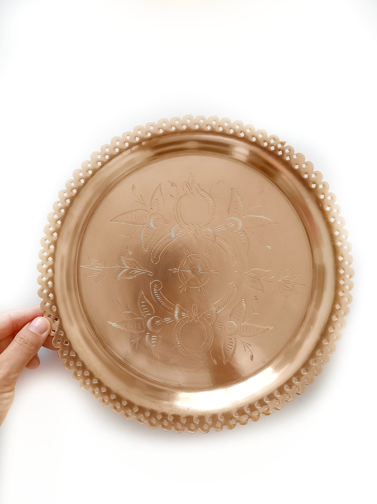 27cm Vintage Round Brass Tray – Handcrafted 70s Antique Floral Design