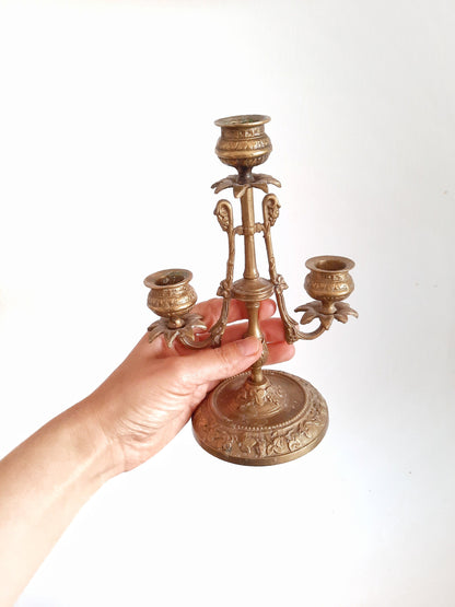 Elegant Brass Vintage Candle Holder - Triple Arm, 8" Tall