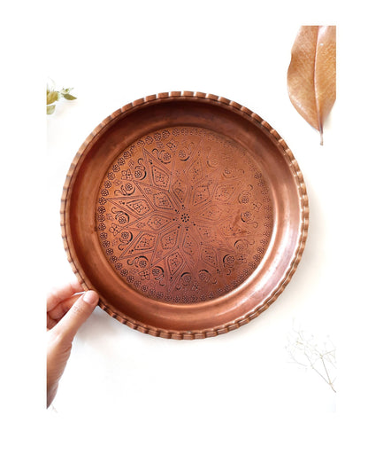 Vintage Turkish Copper Tray - Hand Engraved Floral Motifs, Decorative Serving Plate