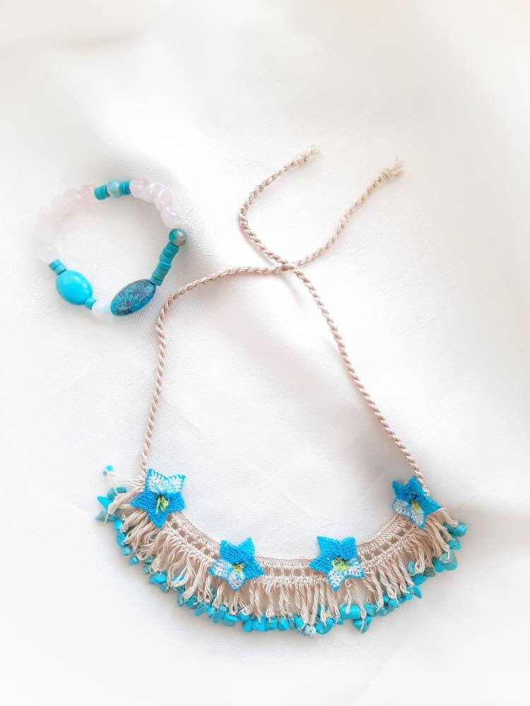 Turquoise Crochet Necklace and Bracelet Set