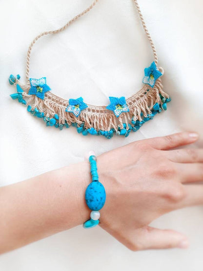 Turquoise Crochet Necklace and Bracelet Set