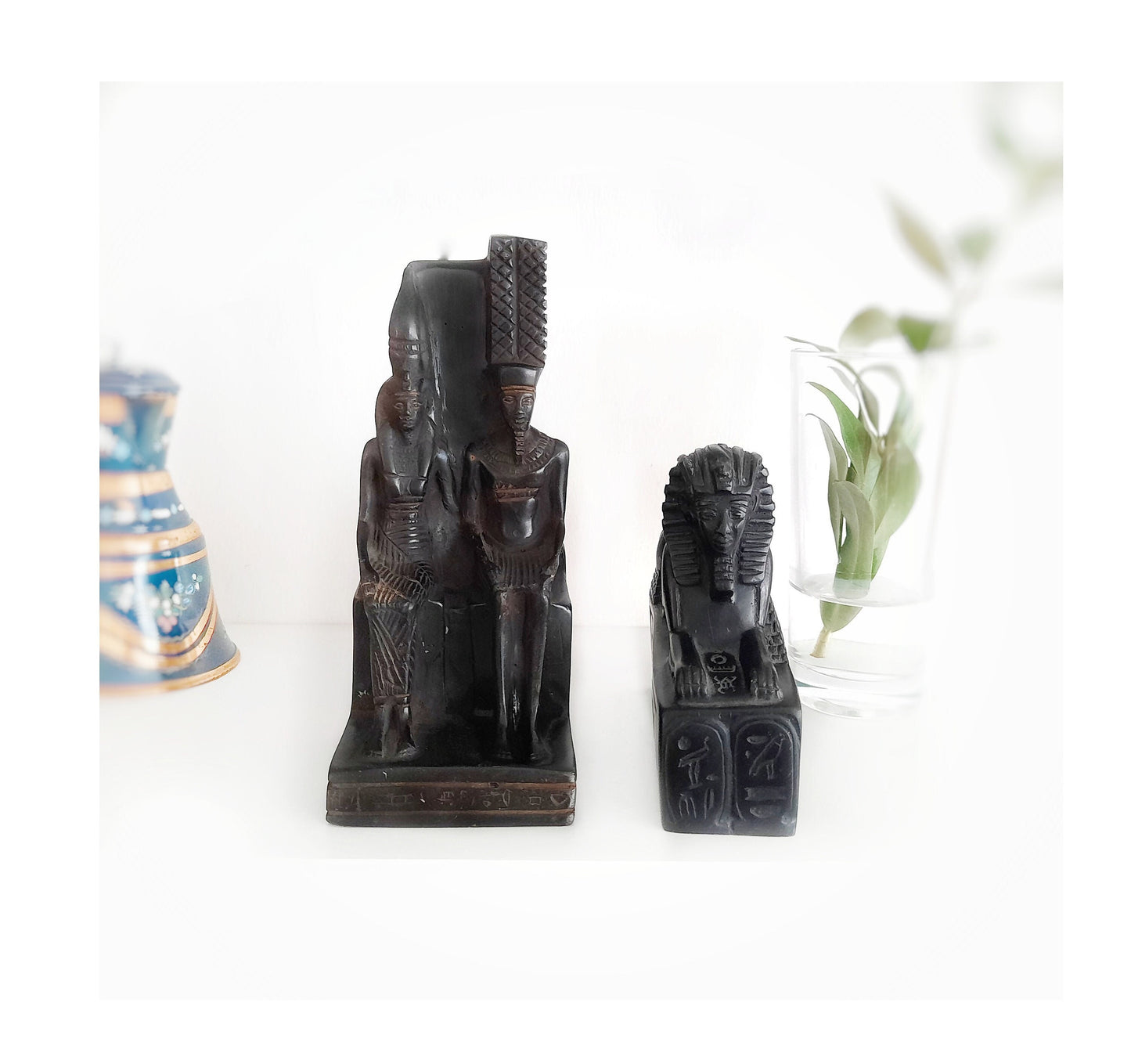 Black Resin Egyptian Pharaoh and Sphinx Statues