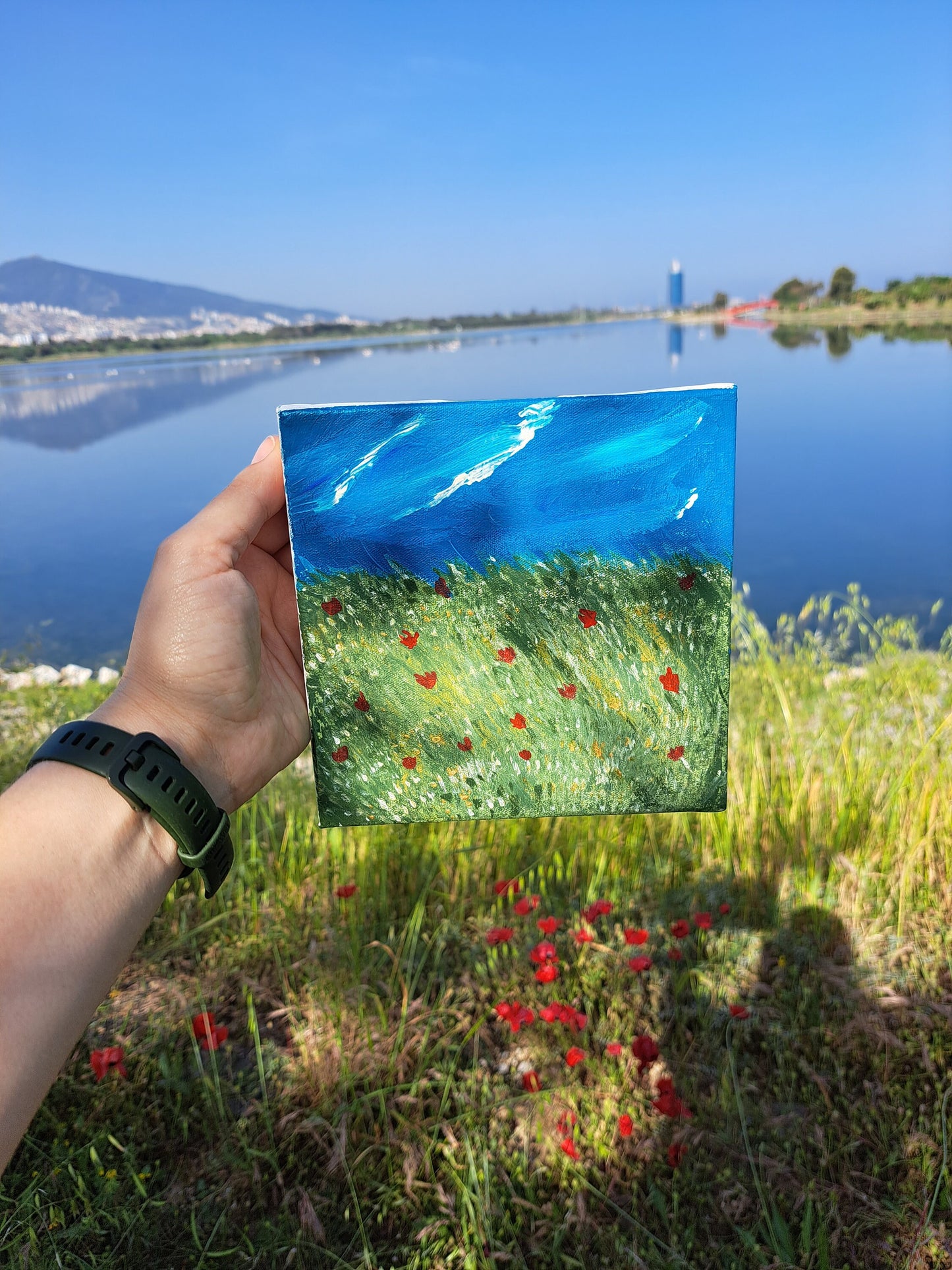 Handmade Acrylic Painting – Square Landscape of Grass, Flowers & Sky