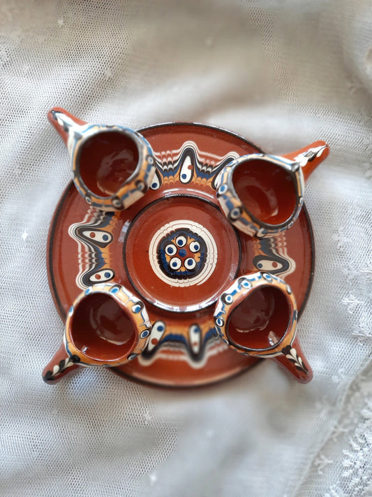 Handmade Terracotta Gravy Boat Set – 4 Pots & 1 Plate, Traditional Turkish "Nazar Beads" Design