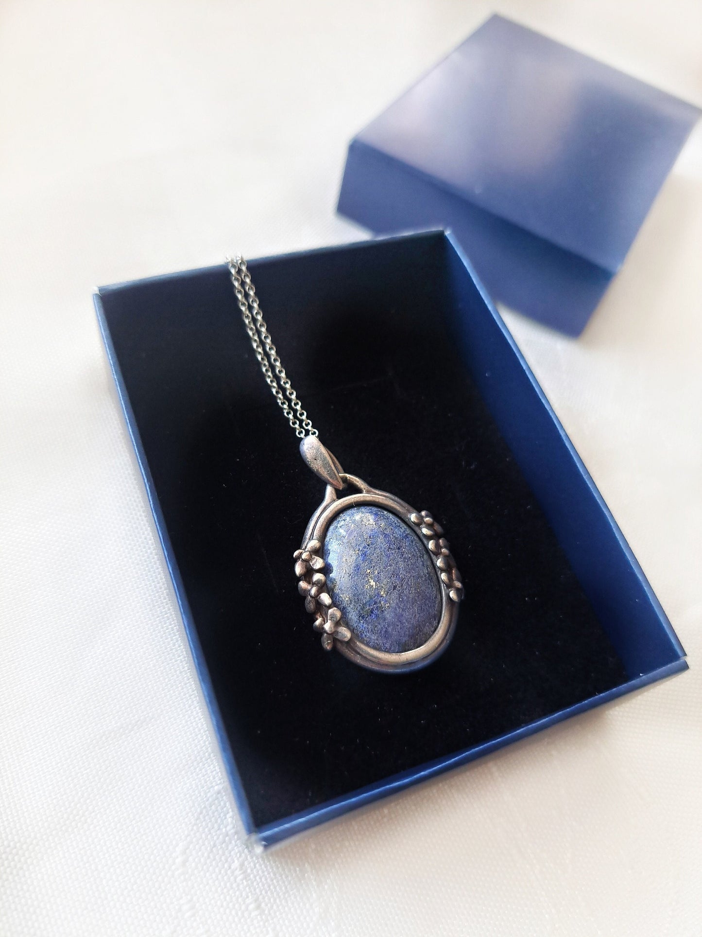 Vintage 925k Sterling Silver Necklace, Natural Stone Lapis Lazuli