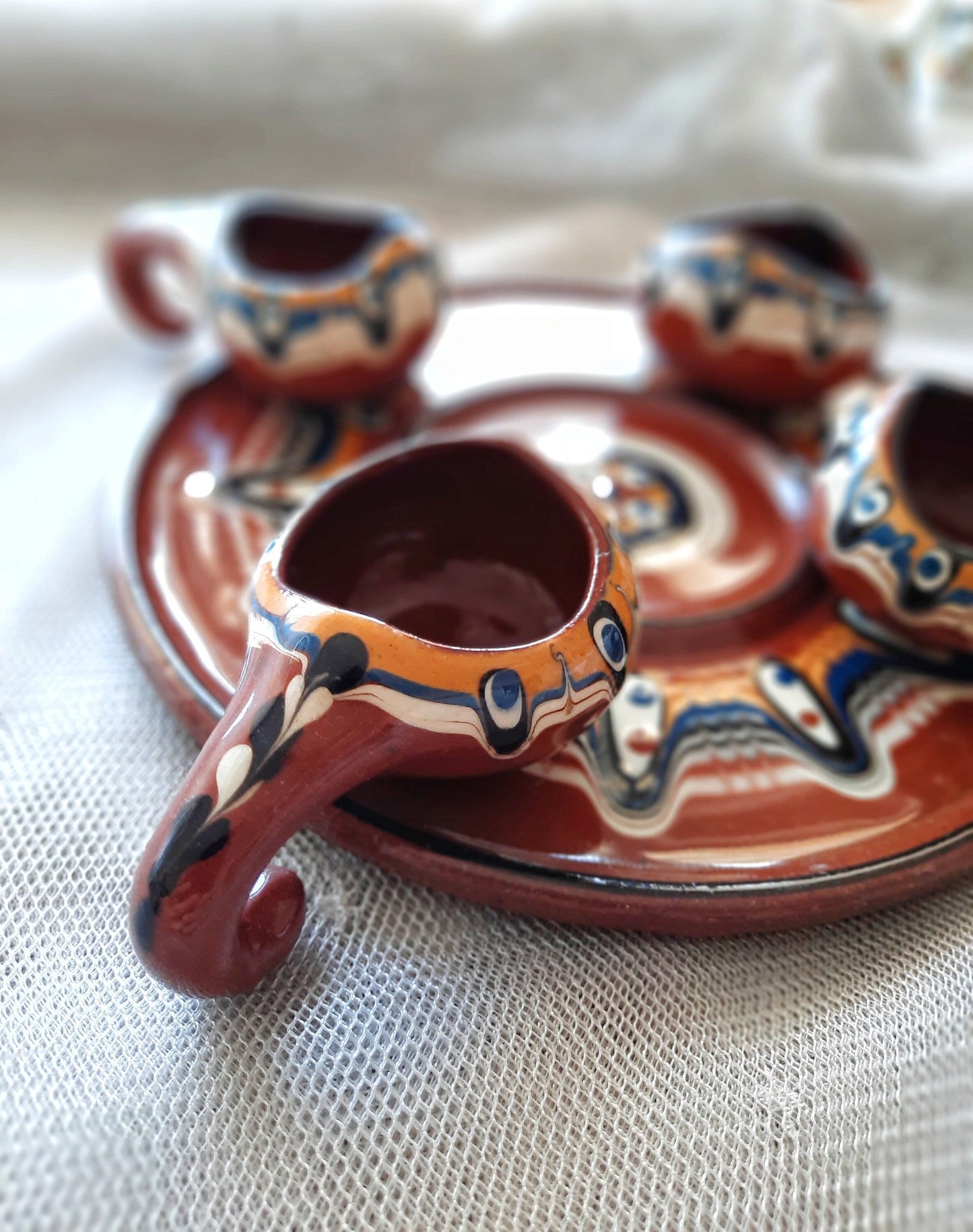 Handmade Terracotta Gravy Boat Set – 4 Pots & 1 Plate, Traditional Turkish "Nazar Beads" Design