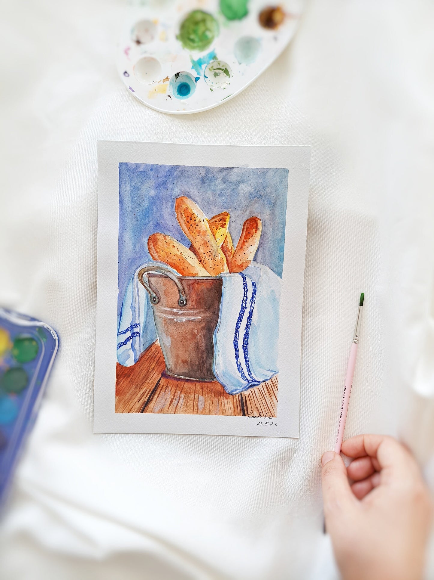 Framed Watercolor Art "French Baguette in the Kitchen" - Still Life with Passe-Partout