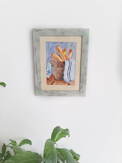 Framed Watercolor Art "French Baguette in the Kitchen" - Still Life with Passe-Partout