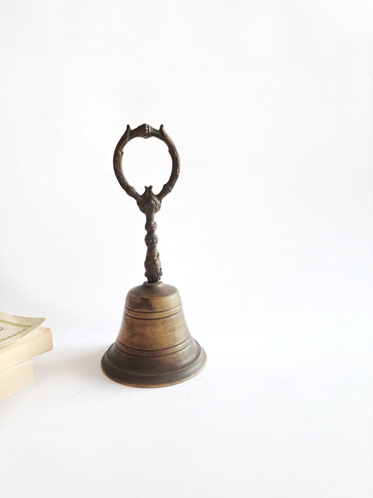 Antique Brass Hand Bell with Floral Design – 19cm Vintage Cast Brass, Perfect for Home Décor & Collectors