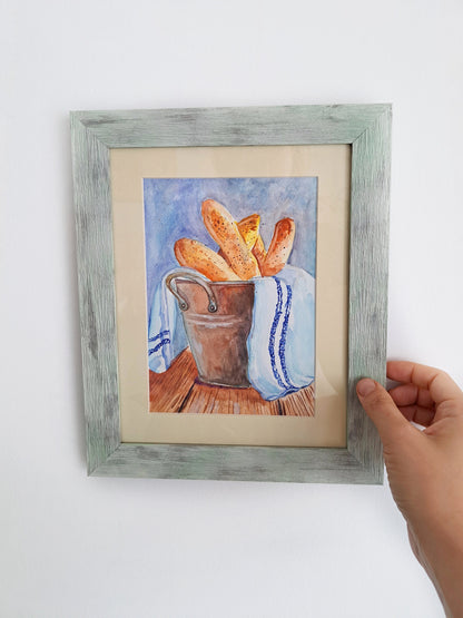 Framed Watercolor Art "French Baguette in the Kitchen" - Still Life with Passe-Partout