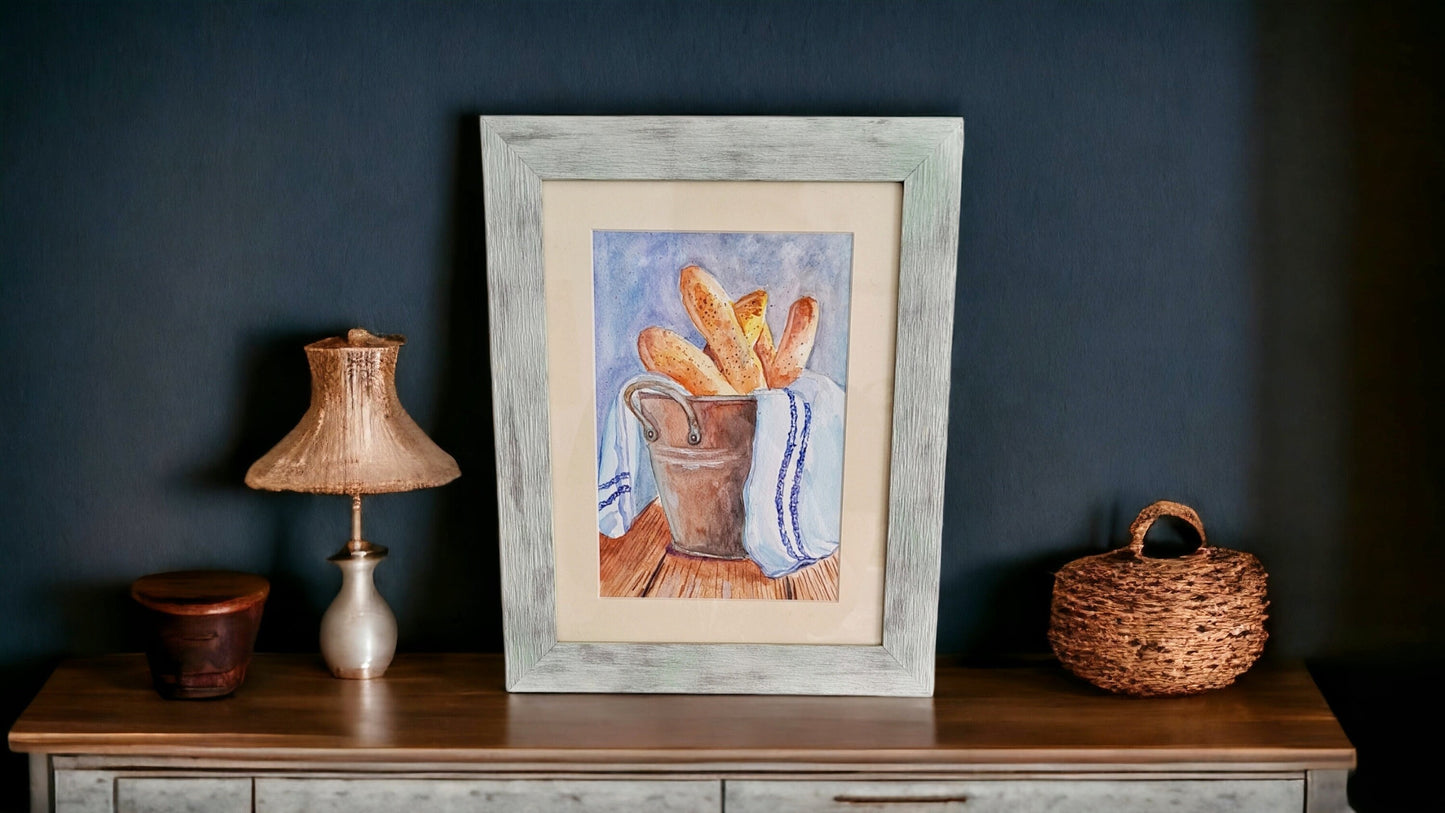 Framed Watercolor Art "French Baguette in the Kitchen" - Still Life with Passe-Partout