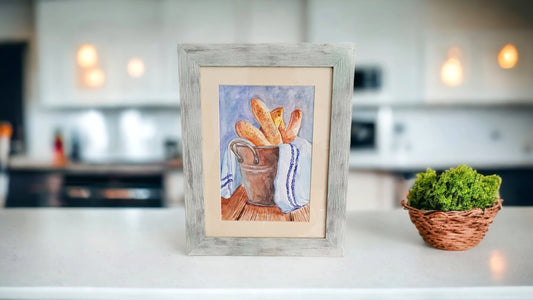 Framed Watercolor Art "French Baguette in the Kitchen" - Still Life with Passe-Partout